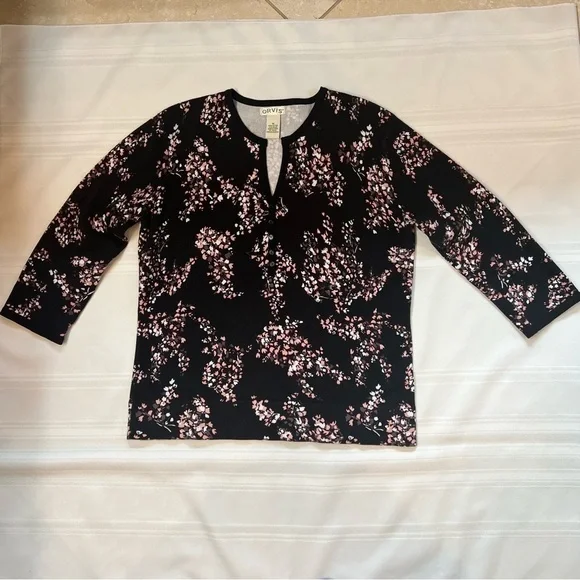 Orvis Cotton Knit 3/4 Sleeve Pullover Sweater Top Sz M Black Pink Floral EUC - Picture 2 of 11